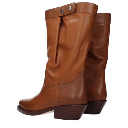 Isabel Marant Brown Leather Ankle Boots with vintage and aged effect, casual style, button closure, and mid heels with square toe.