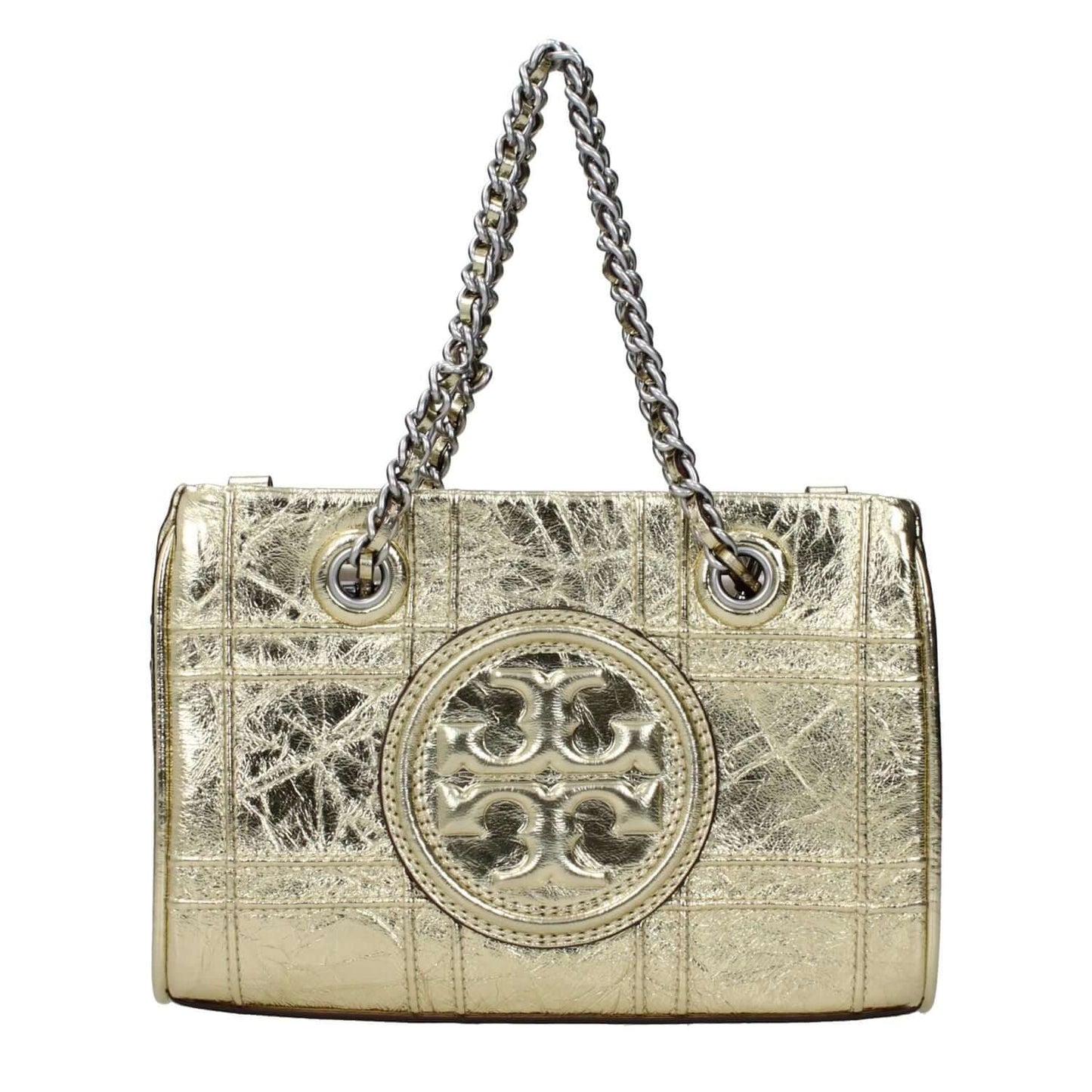 Tory Burch Gold Leather Handbag with front logo, adjustable and removable shoulder strap, metallic effect, and magnetic closure.