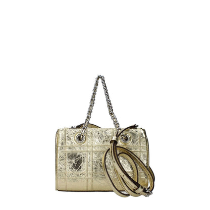 Tory Burch Gold Leather Handbag with metallic effect, front logo, adjustable and removable shoulder straps, shown with chain handles.