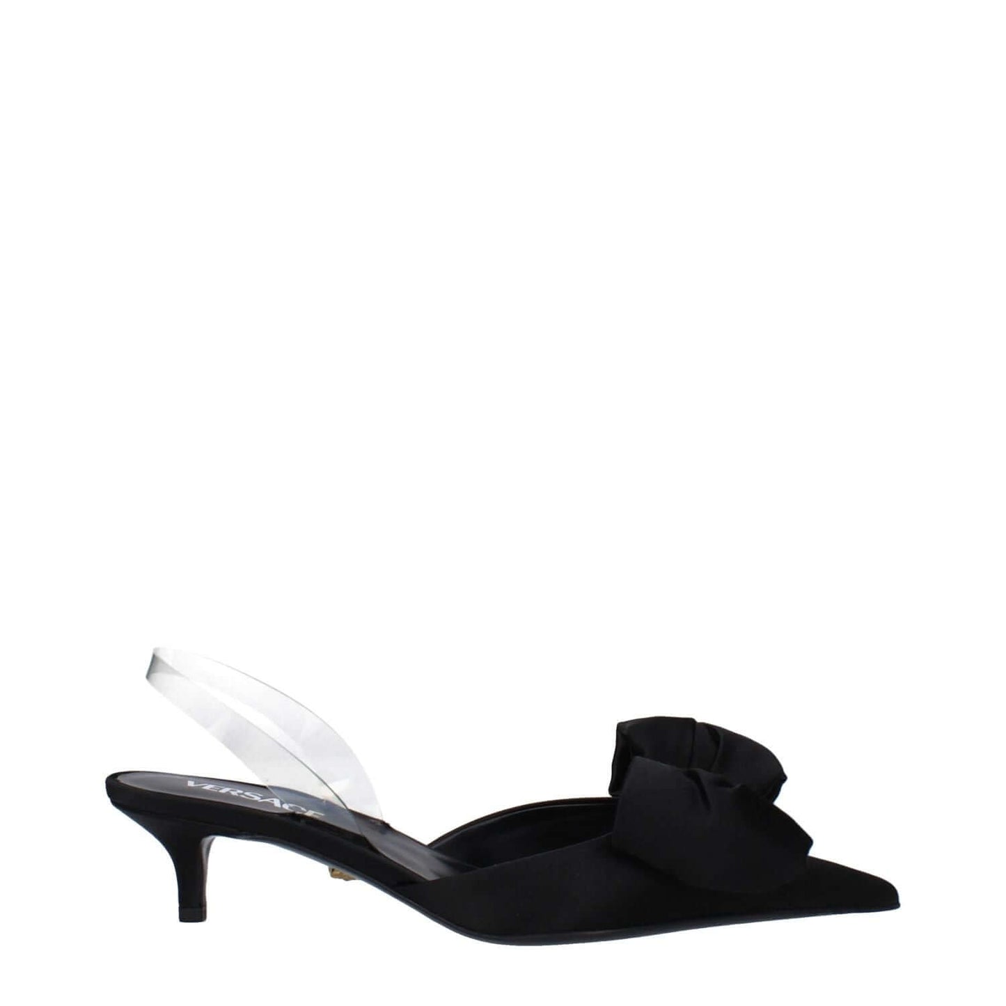 Versace Black Satin Flat Sandals with pointy toe, front detail, and mid heels, designed in sleek black satin with transparent accent.