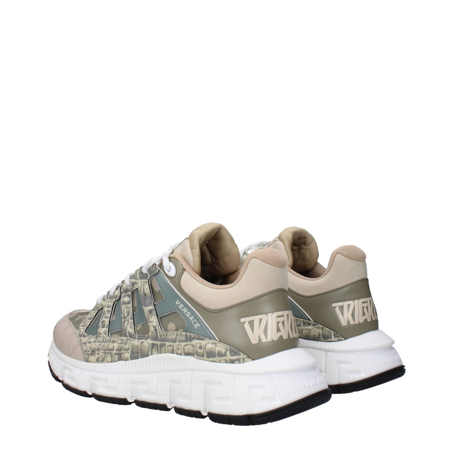 Versace Green Fabric Low Top Sneakers with logos, lace-up closure, and rubber sole, featuring a taupe accent and mid heel design.