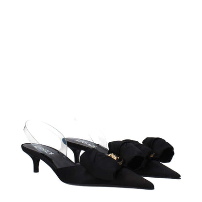 Versace Black Satin Flat Sandals with pointy toe and mid heels, featuring leather soles and front detail, stylish design suitable for formal occasions.