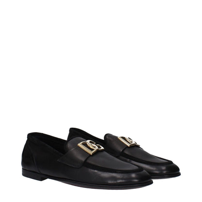 Dolce & Gabbana Black Leather Slip-On Loafers with front logo, casual style, low flat heel, new collection. MPN: A50462AQ99380999.