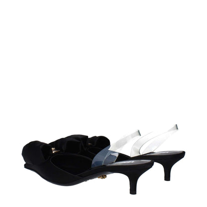 Versace Black Satin Flat Sandals with transparent strap, leather sole, and mid heels, featuring a stylish front detail and pointy toe.