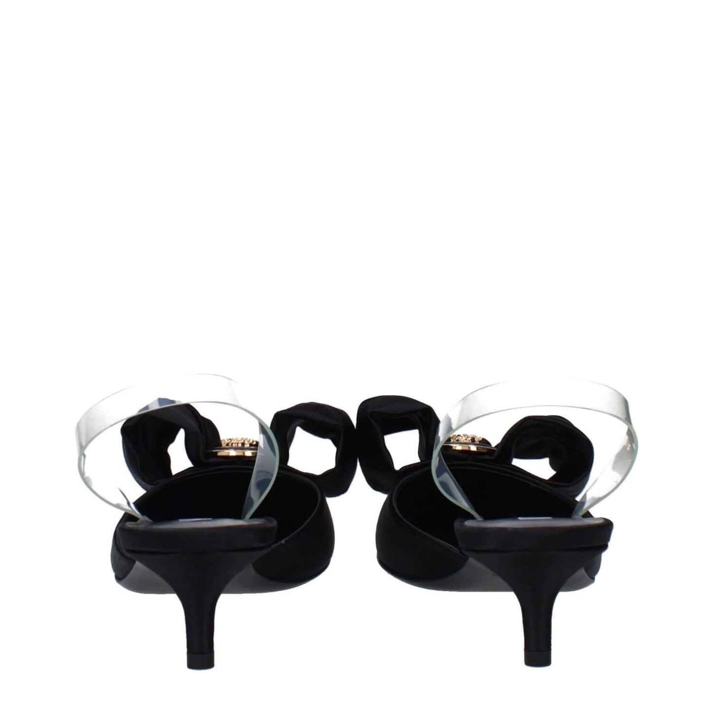 Versace Black Satin Flat Sandals with transparent strap, mid heels, and pointy toe, featuring front detail and leather sole, rear view.