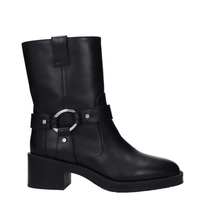 Stuart Weitzman Black Leather Ankle Boots with silver details, mid heels, and rubber soles; style: casual, round toe, 5.5 cm heel height.