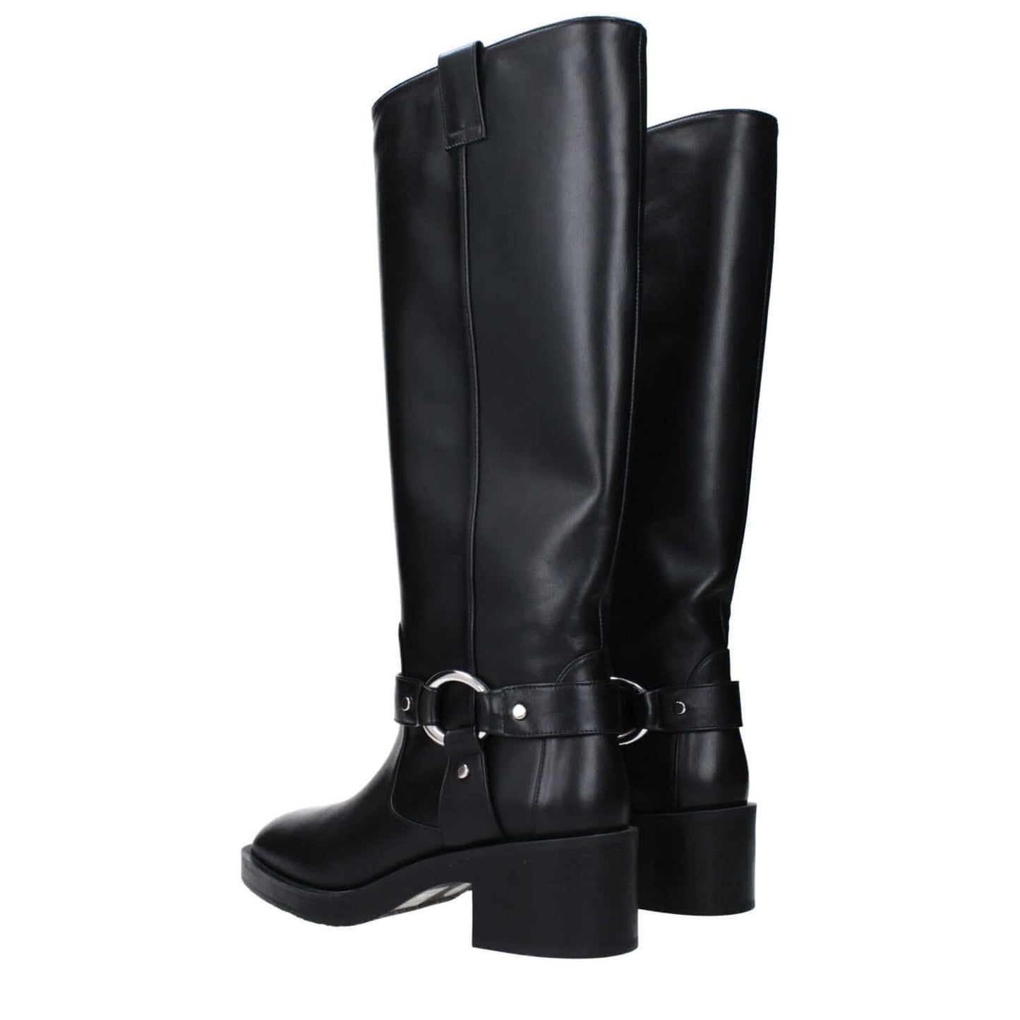 Stuart Weitzman Black Leather High Heel Boots with round toe and rubber sole, mid heel design, MPN JAXKNEESMOSJ176BLACK