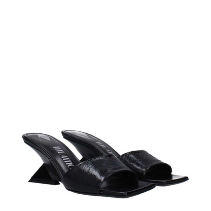 The Attico Black Leather Flat Sandals with vintage and aged effect, MPN S605L070100, sleek design with open toe and square heel.