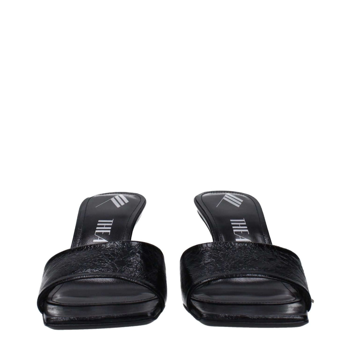 The Attico Black Leather Flat Sandals with vintage and aged effect, MPN S605L070100, code F83208, front view.