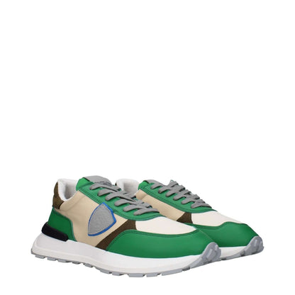 Philippe Model Green Fabric Athletic Sneakers with front logo, back logo, and vintage effect design.