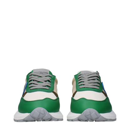 Front view of Philippe Model Green Fabric Athletic Sneakers with vintage effect, showcasing front and back logos.
