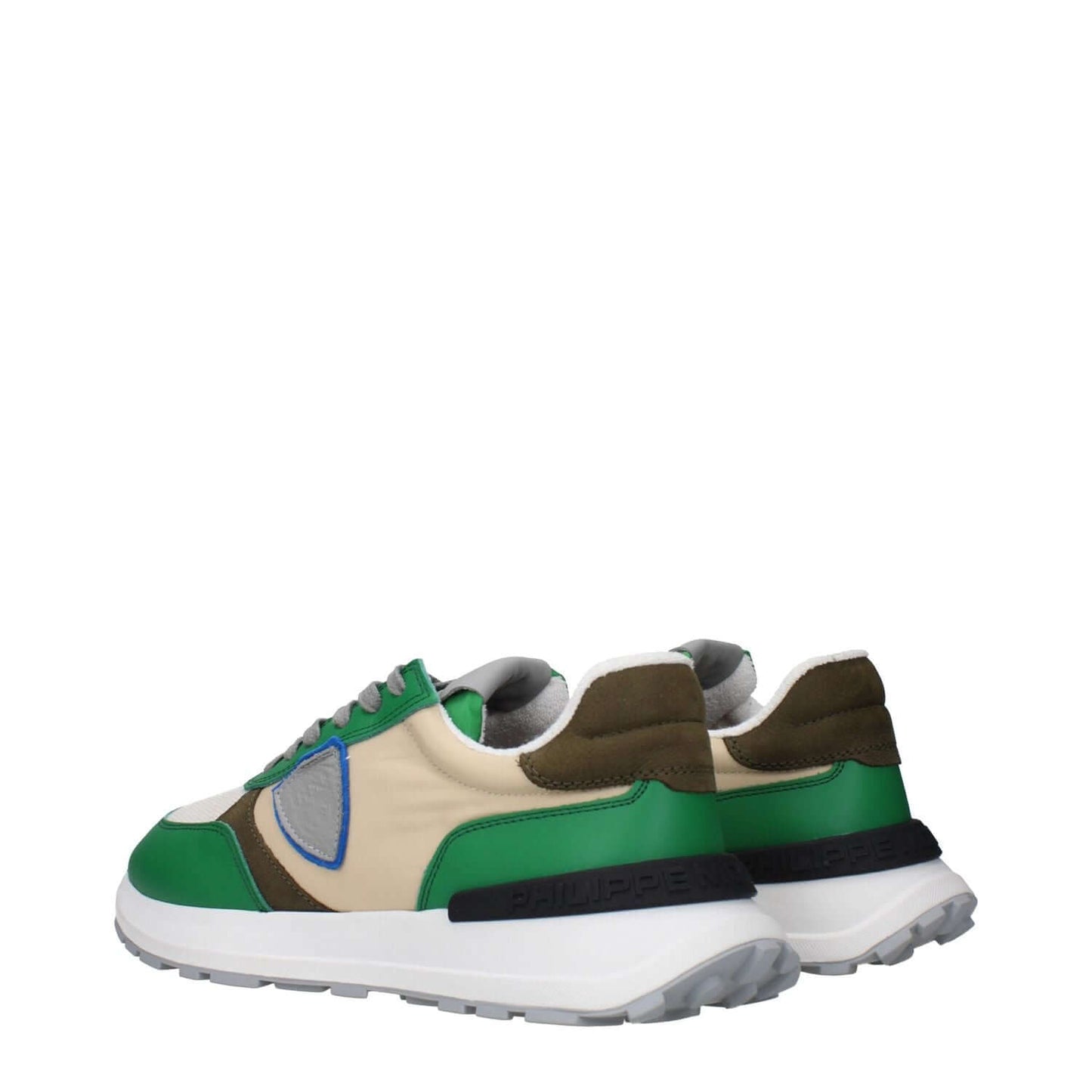 Philippe Model Green Fabric Athletic Sneakers with vintage effect, featuring front and back logo, MPN ATLUZ0MATERIALETB319.