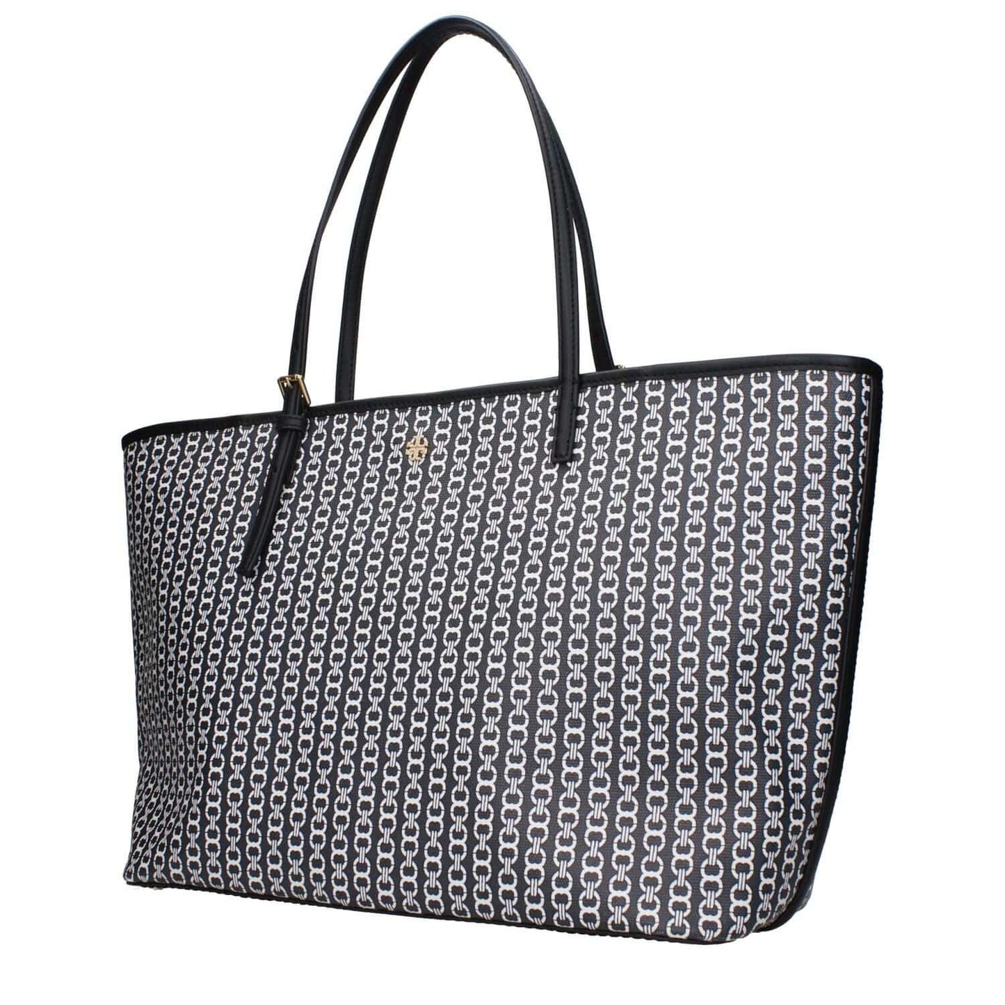 Patterned black shoulder bag with thin leather handles. 