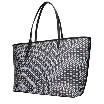 Patterned black shoulder bag with thin leather handles. 