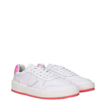 Philippe Model White Leather Sneakers with pink accents, featuring lace-up closure, vintage effect, and front-back logos.