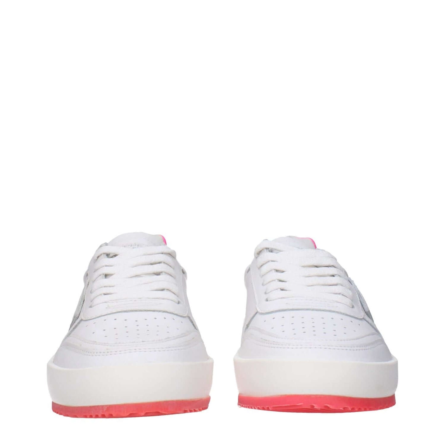 Philippe Model White Leather Sneakers with neon pink sole, lace-up closure, and vintage design, featuring front and back logo detailing.