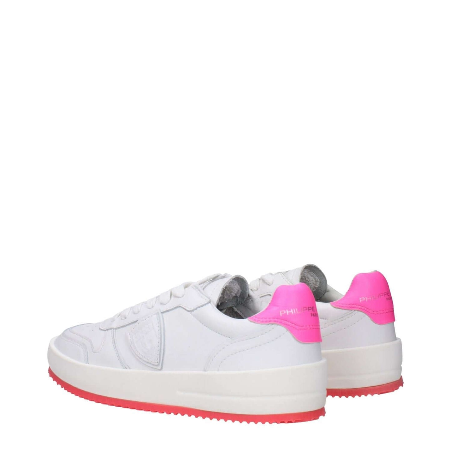 Philippe Model White Leather Sneakers with neon pink heel, featuring front and back logos, vintage effect, lace-up closure, and rubber sole.