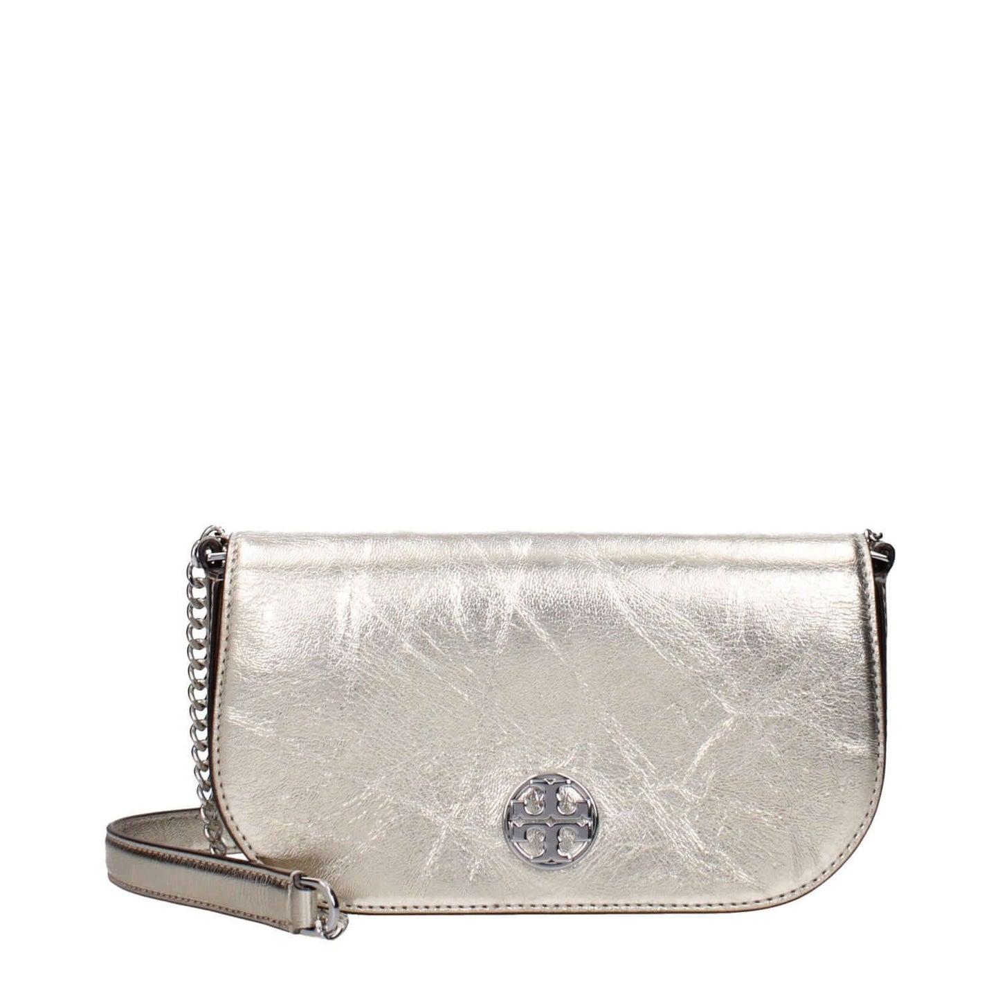 Tory Burch Gold Leather Crossbody Bag with front logo and vintage aged effect leather.
