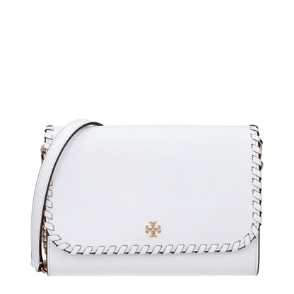 Tory Burch White Leather Clutch Bag with front logo and removable shoulder strap, showcasing a vintage effect design.