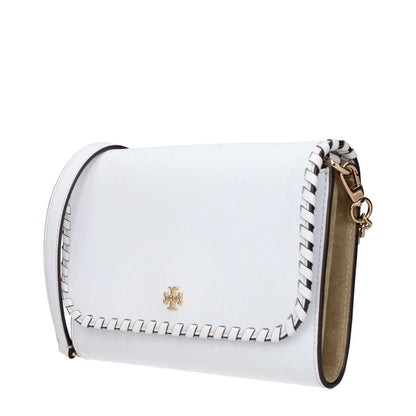 Tory Burch White Leather Clutch Bag with logo, vintage effect, detachable shoulder strap showcasing elegant design.
