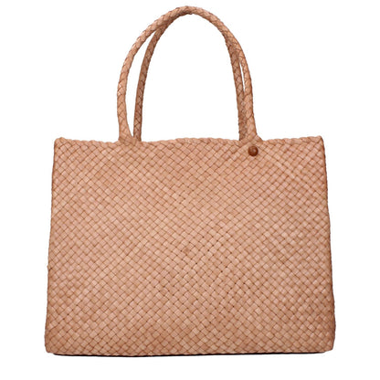 Woven pink leather shoulder bag with handles, Tory Burch style.