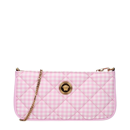 Alt Tag: Versace Pink Fabric Shoulder Bag with gold chain and front medallion detail, ideal for stylish outings.