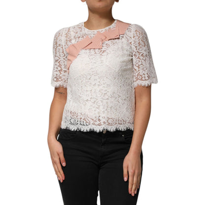 Dolce & Gabbana White Floral Lace Short Sleeves Blouse Top