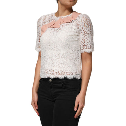 Dolce & Gabbana White Floral Lace Short Sleeves Blouse Top