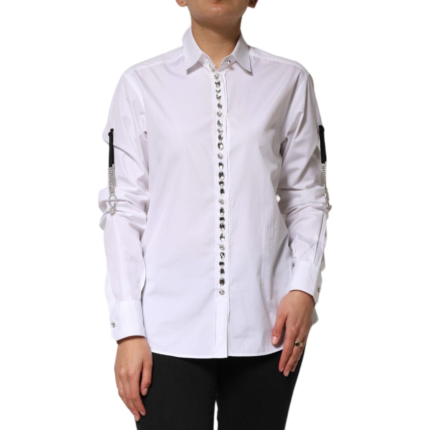 Dolce & Gabbana White Crystal Embellished Collared Shirt Top