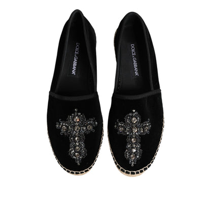 Dolce & Gabbana Black Cross Crystal Slip On Espadrille Shoes
