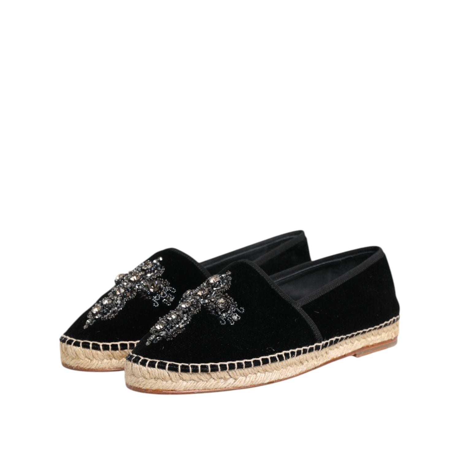 Dolce & Gabbana Black Cross Crystal Slip On Espadrille Shoes