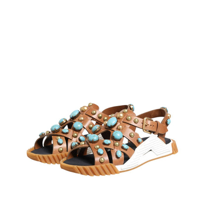 Dolce & Gabbana Brown Leather Studded Slides Sandals Shoes