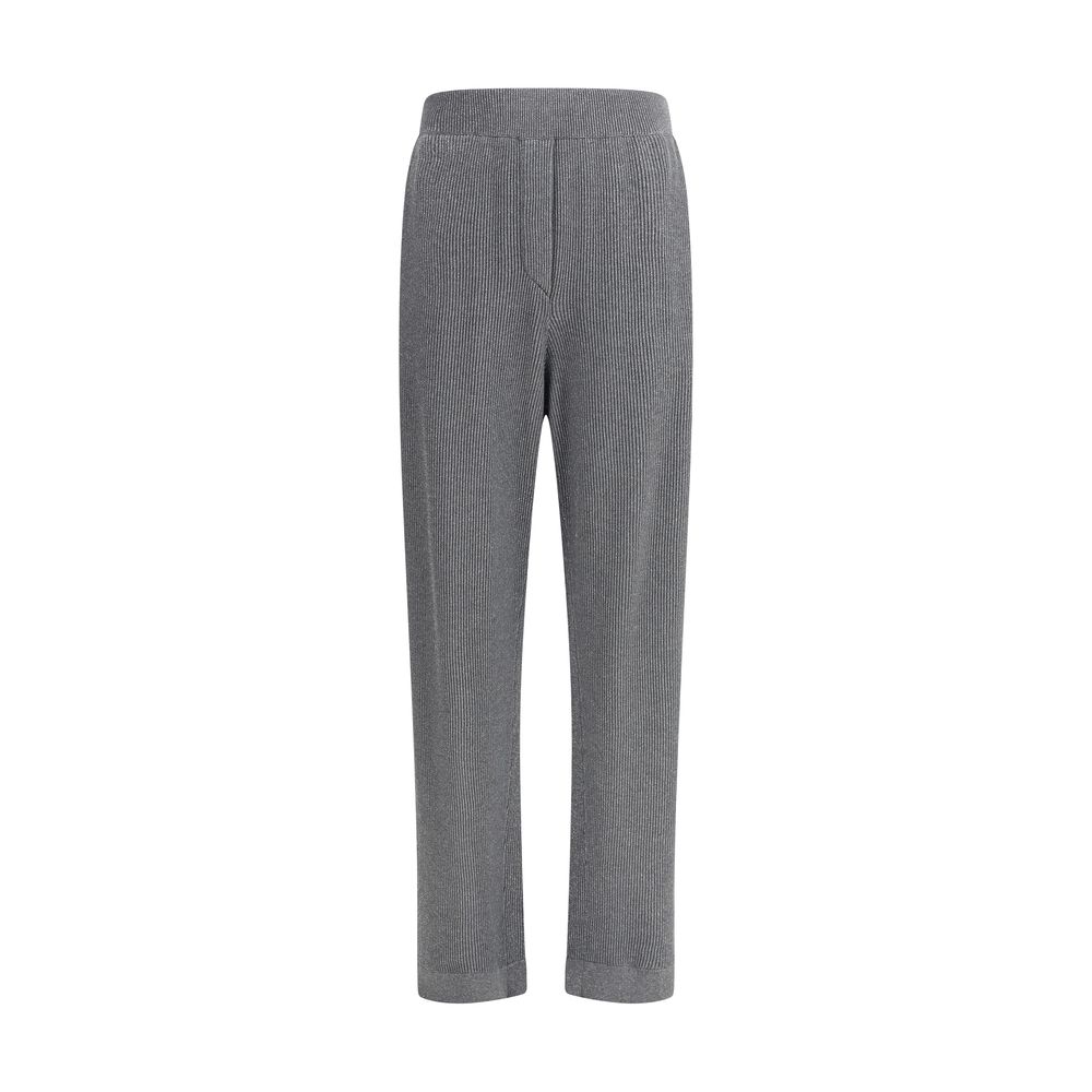Brunello Cucinelli Gray Cotton Casual Pants with ribbed knit design, elastic waistband, and silver thread embellishment