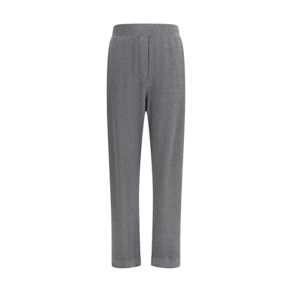 Brunello Cucinelli Gray Cotton Casual Pants with ribbed knit design, elastic waistband, and silver thread embellishment