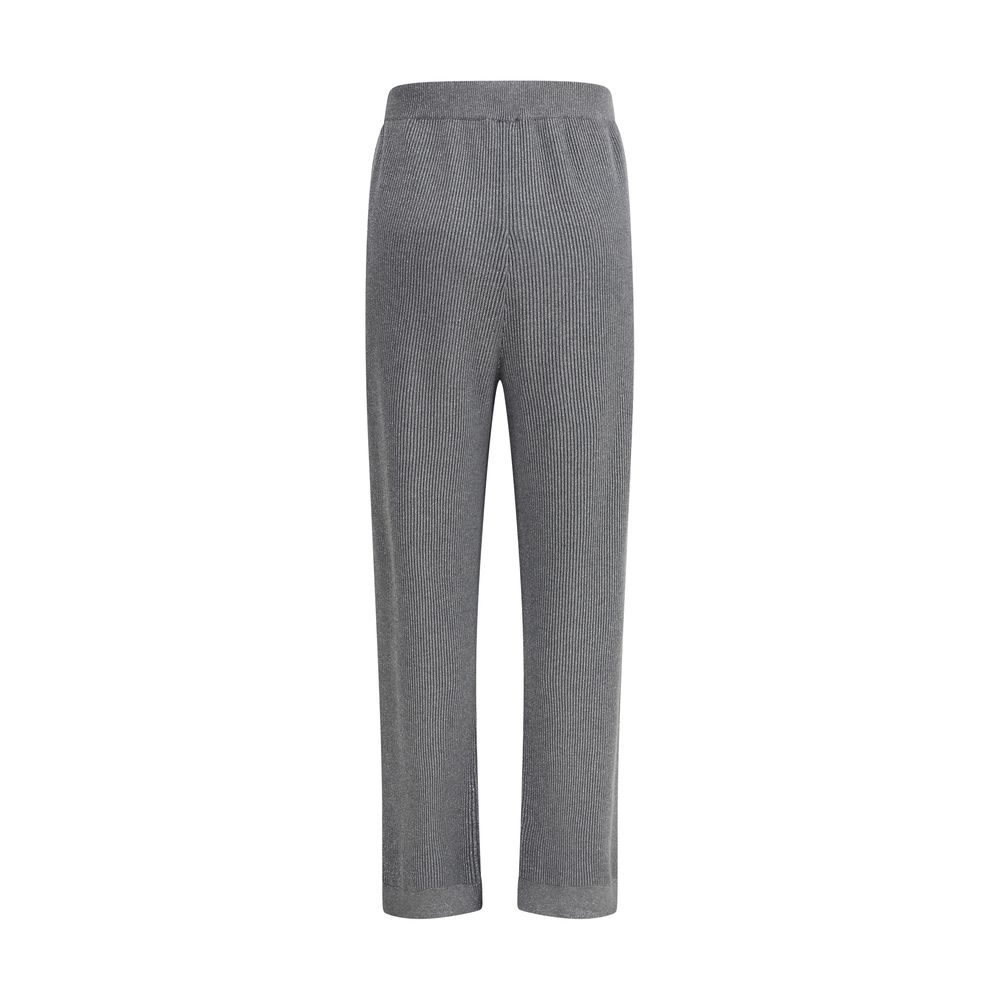Brunello Cucinelli Gray Cotton Casual Pants with ribbed knit design, silver thread embellishment, and elastic waistband for comfort.