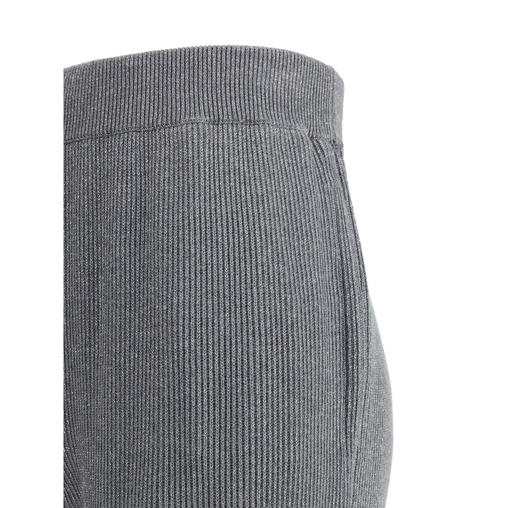 Side view of Brunello Cucinelli Gray Cotton Casual Pants with ribbed knit design and elastic waistband, showcasing elegant silver thread detailing.