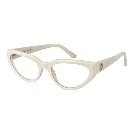 Guess White Women Glasses Frame, full-rim acetate cat eye, demo lenses, includes branded case, size 53-18-145, spring hinge.