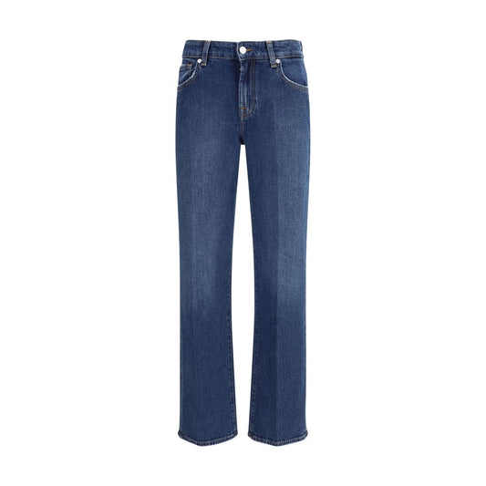 7FOR Blue Cotton Straight-Leg Jeans with straight cut, zip-and-button closure, belt loops, and five-pocket design, made of 99% cotton, 1% elastane.