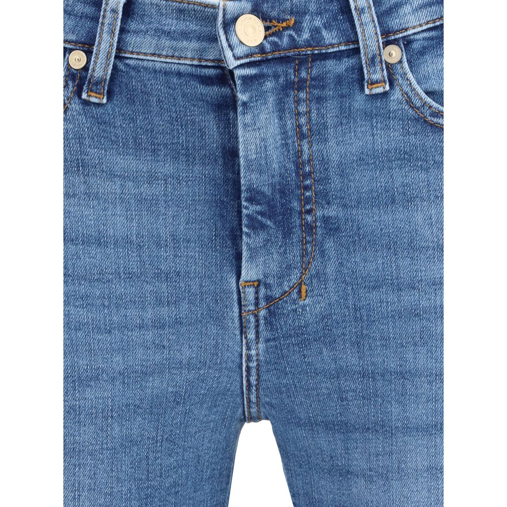 Close-up of 7FOR Blue Cotton Flared Jeans with fitted mid-rise and classic five-pocket design showcasing denim texture.
