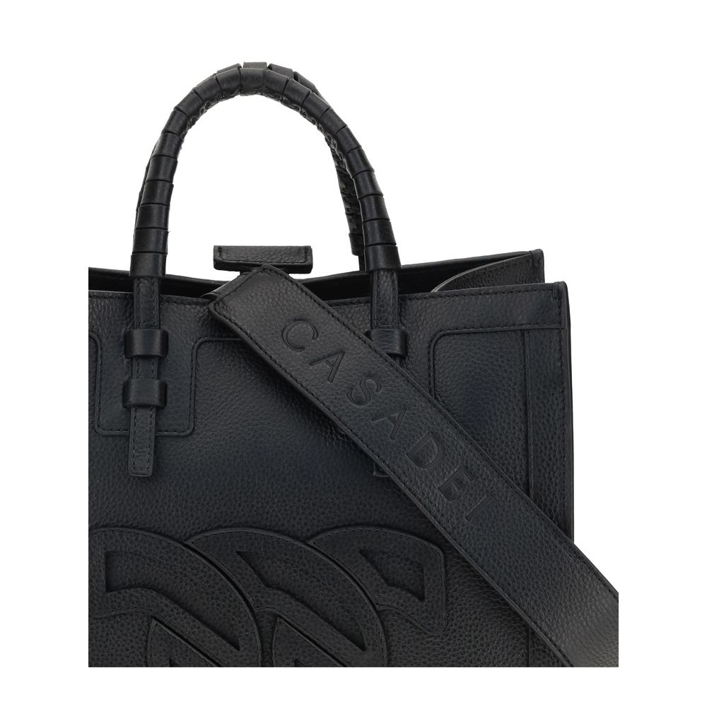 Alt Tag: Casadei Black Calf Leather Bos Taurus Shoulder Bag with embossed logo and adjustable strap, elegant design for versatile use.