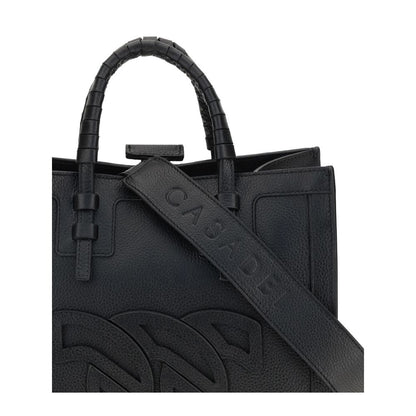 Alt Tag: Casadei Black Calf Leather Bos Taurus Shoulder Bag with embossed logo and adjustable strap, elegant design for versatile use.