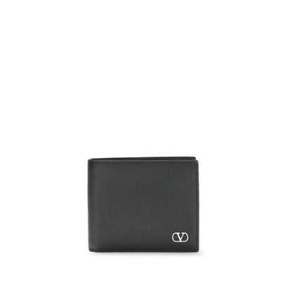 Valentino Garavani Black Calf Leather Bos Taurus Wallet with VLogo, bifold design, 8 card slots, and banknote compartment.