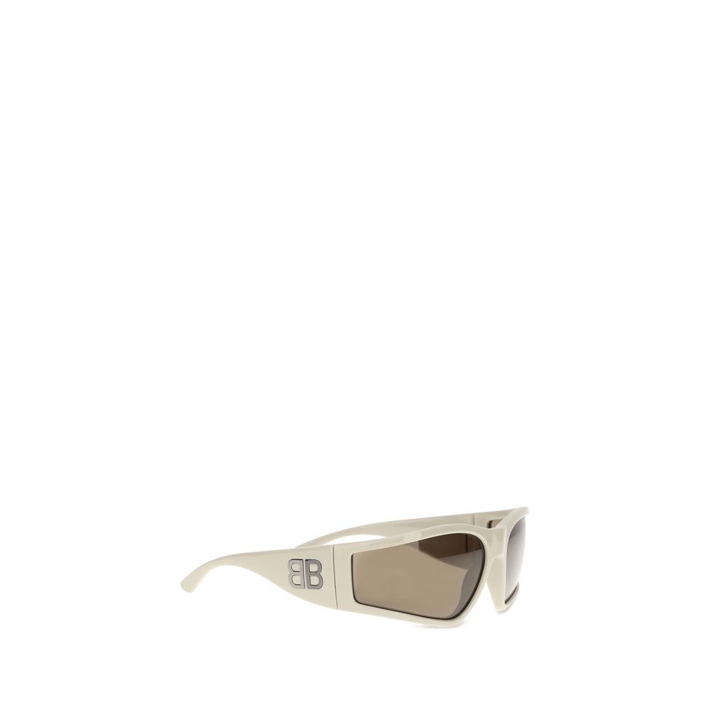 Balenciaga Cream Polyamide Sunglasses with D-frame design and gold BB logo plaques, sustainable bio-nylon lenses for comfort and style.