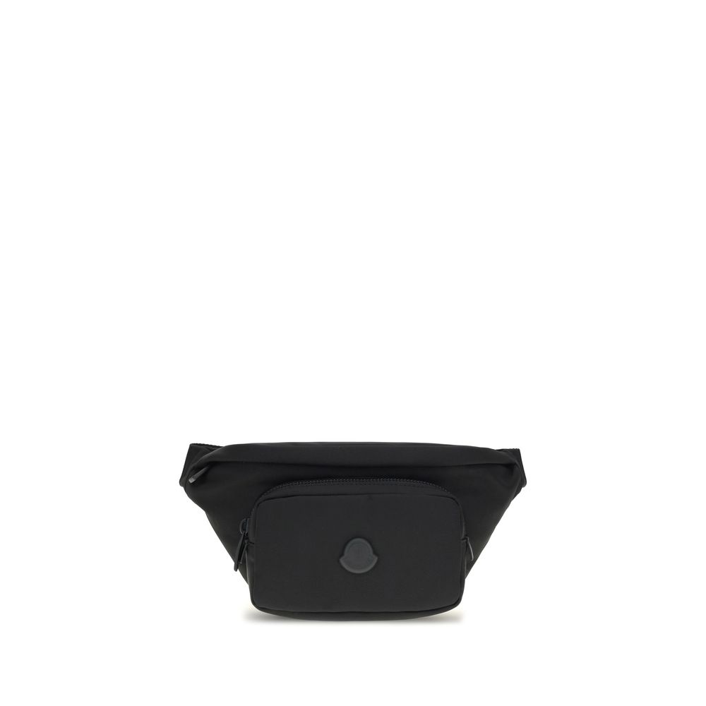 Moncler Black Nylon Clutch Bag with adjustable belt and zippered pockets for security and convenience.