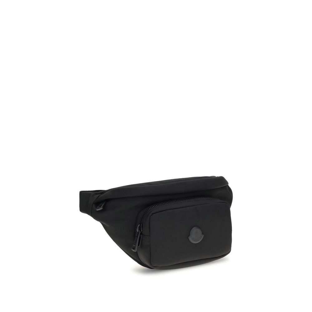 Moncler Black Nylon Clutch Bag with adjustable belt and zippered pockets for convenience, featuring water-repellent nylon and leather trim.
