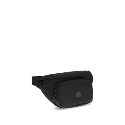 Moncler Black Nylon Clutch Bag with adjustable belt and zippered pockets for convenience, featuring water-repellent nylon and leather trim.