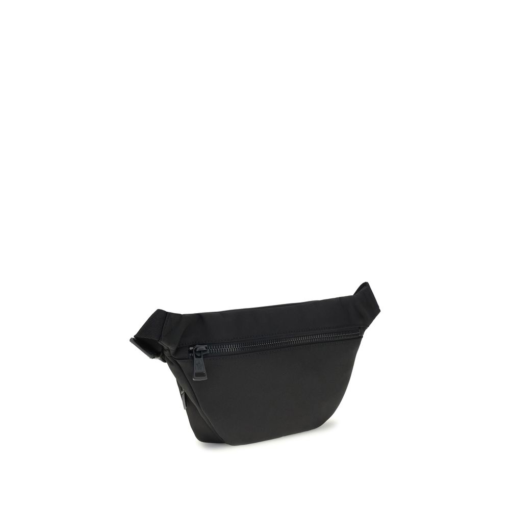 Moncler Black Nylon Clutch Bag with adjustable belt, water-repellent nylon, and leather trim, featuring zippered closure and pockets.