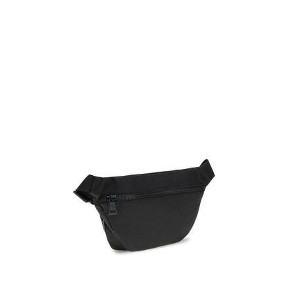 Moncler Black Nylon Clutch Bag with adjustable belt, water-repellent nylon, and leather trim, featuring zippered closure and pockets.