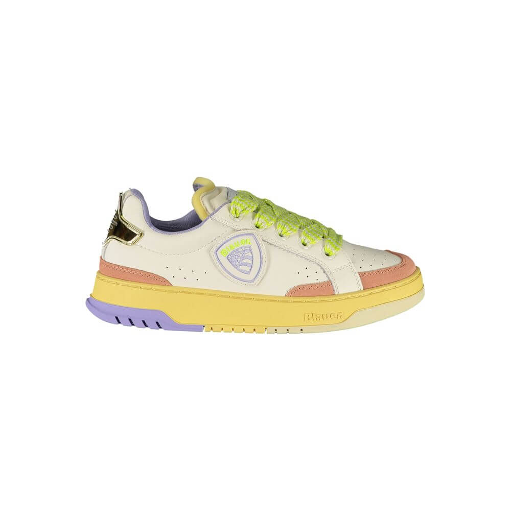 Blauer White Leather Women Sneaker with colorful accents, perfect for trendsetters; features lace-up design and removable insole.