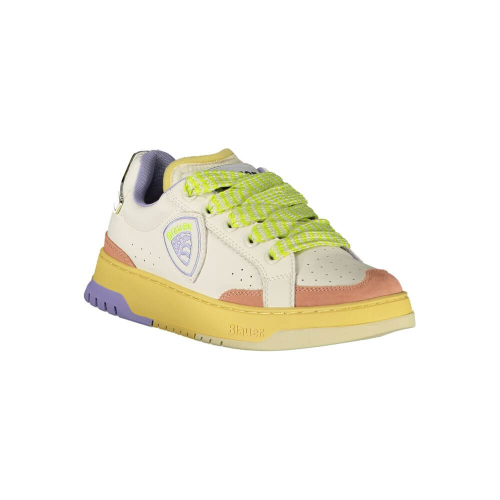 Blauer White Leather Women Sneaker with cream, pink, and wisteria accents, featuring a removable insole and iconic Blauer logo.